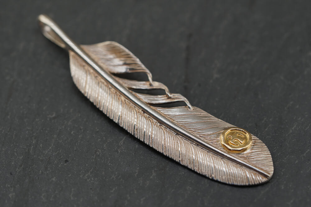 Large Silver Feather Pendant (w/ gold stamp + no coil)