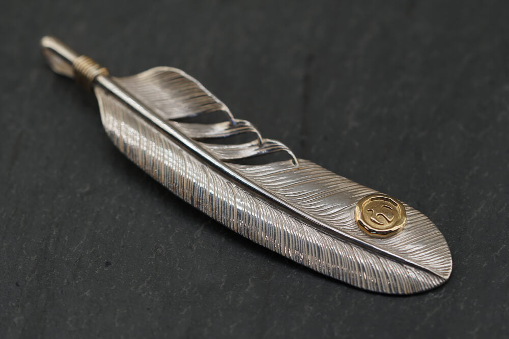 Large Silver Feather Pendant (w/ gold coil + gold stamp)
