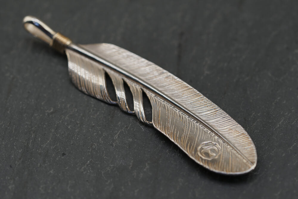 Large Silver Feather Pendant (w/ gold coil + gold stamp)