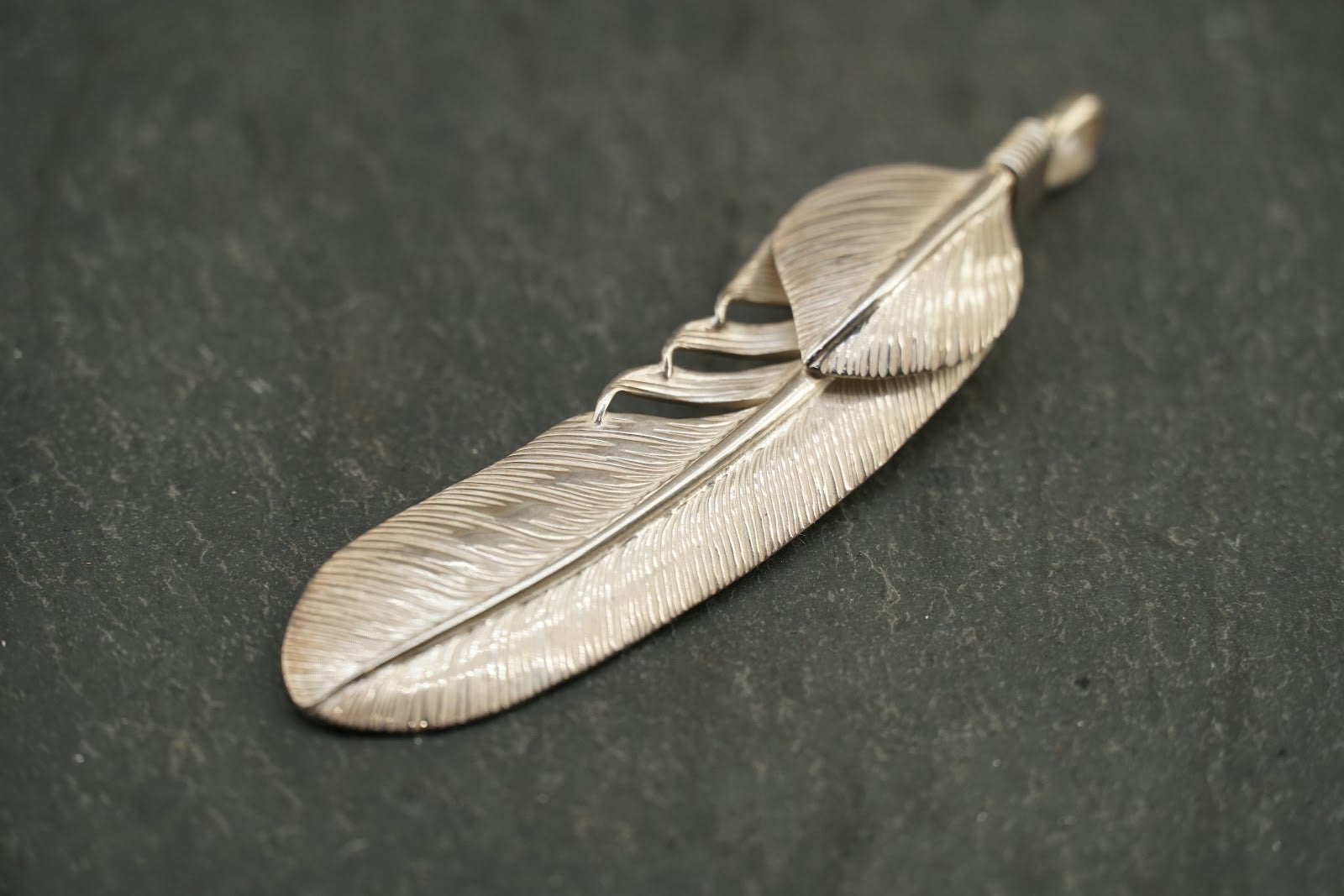 Large Silver Feather Pendant (w/ silver heart feather)